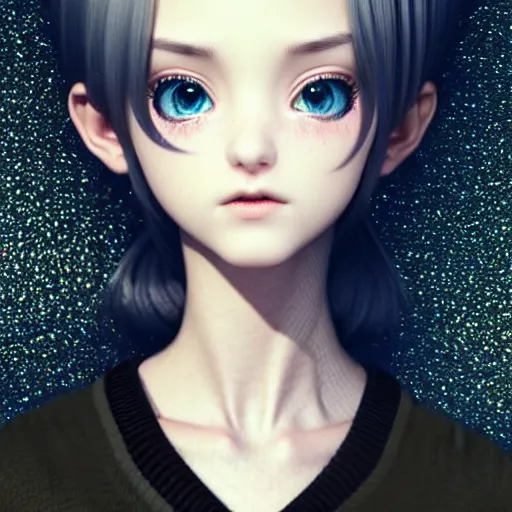 Image similar to beautifully pretty stoner girl, black sweater, grey checkered skirt, very cute features, glittery short black hair, blue eyes, universal volumetric lighting, soft glow, by range murata, norman rockwell, highly detailed intricately sharp focus, trending on pinterest, unreal engine 5 4 k uhd image