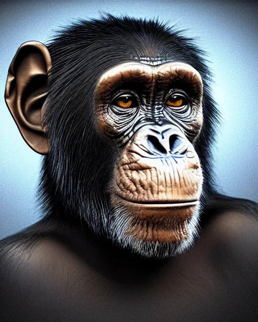 Image similar to gold, blue, very detailed high resolution illustration of a chimpanzee glaring, mystical, 3 d, 8 k, extremely detailed, artstation