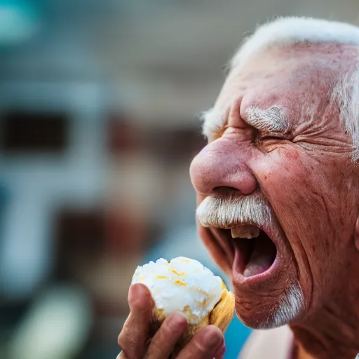 Prompt: portrait of an elderly man screaming at an icecream, canon eos r 3, f / 1. 4, iso 2 0 0, 1 / 1 6 0 s, 8 k, raw, unedited, symmetrical balance, wide angle