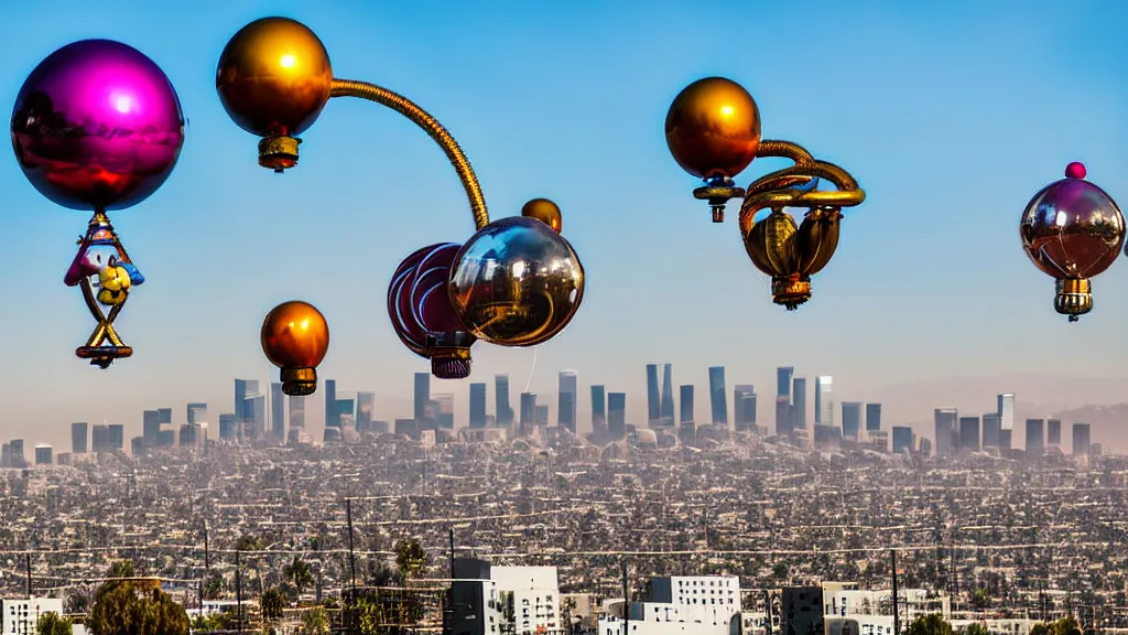 Image similar to large colorful futuristic space age metallic steampunk balloons with pipework and electrical wiring around the outside, and people on rope swings underneath, flying high over the beautiful los angeles city landscape, professional photography, 8 0 mm telephoto lens, realistic, detailed, photorealistic, photojournalism