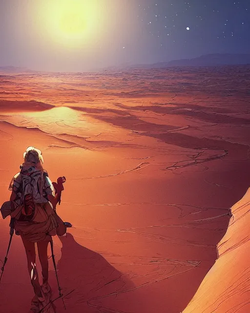 Image similar to a girl hiking in the sahara desert, full shot, focused, ambient lighting, detailed, fair - face, art by ayami kojima, makoto shinkai, kilian eng