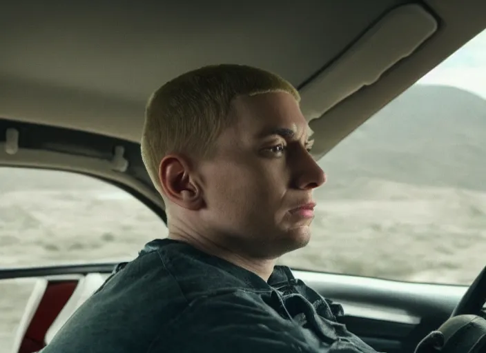 Image similar to a very high resolution image from a new movie, eminem driving a car. inside of a car. alone. mountains, directed by wes anderson