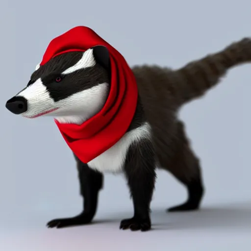 Image similar to a humanoid friendly badger on white background, he‘s running towards the camera, he‘s wearing a very small red neckerchief, digital render