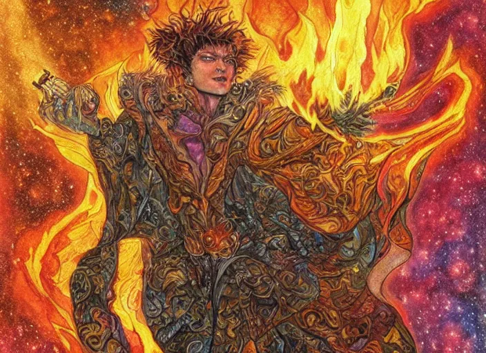 Image similar to high intricate colored ink drawing of the sandman holding a glimmering fire - galaxy, full shot, neil gaiman, maria panfilova, andrea savchenko, mike kime, ludovic plouffe, qi sheng luo, oliver cook, julian calle, eddie mendoza, trending on artstation