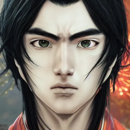 Image similar to an immortal xianxia cultivator with long black hair as an absurdly handsome, elegant, young anime man, ultrafine hyperrealistic detailed face illustration by kim jung gi, irakli nadar, intricate linework, sharp focus, bright colors, matte, final fantasy, unreal engine highly rendered, global illumination, radiant light, intricate environment