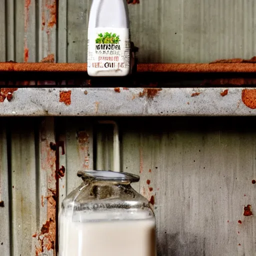 Image similar to bottle of milk, over a rusted metal table inside slaughterhouse