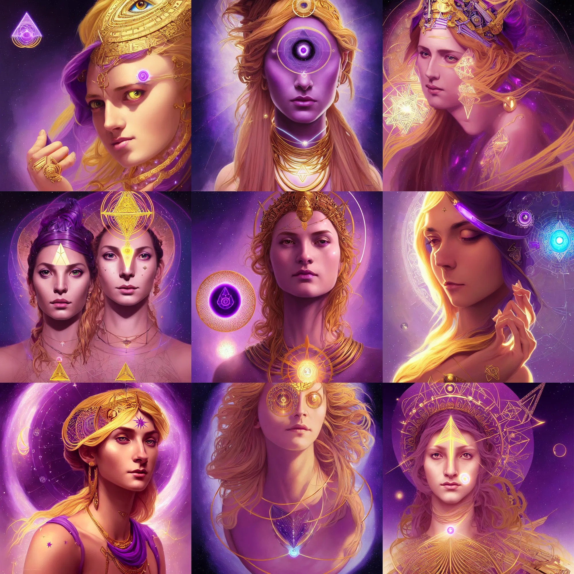 Prompt: portrait of a gallent goddess with glowing purple third eye chakra and golden hair, geometric third eye triangle, sci - fi face, sacred geometry mandal background, breathtaking stars, elegant, highly detailed, digital painting, artstation, concept art, smooth, sharp focus, spiritual art, art by artgerm and greg rutkowski and alphonse mucha, psychedelic