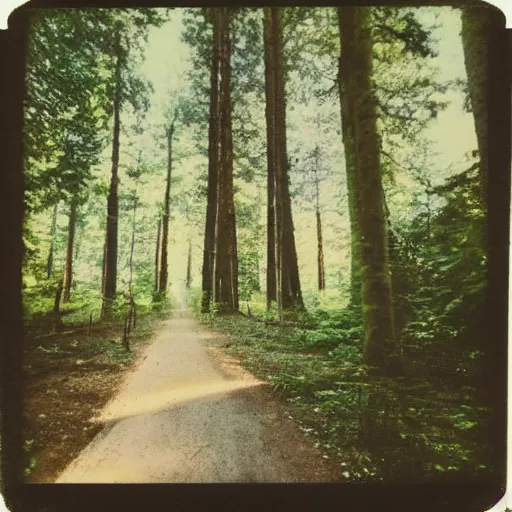 Prompt: a polaroid selfie picture taken by a tree in the midst of a forest surrounded by tall sycamore trees and shrubbery