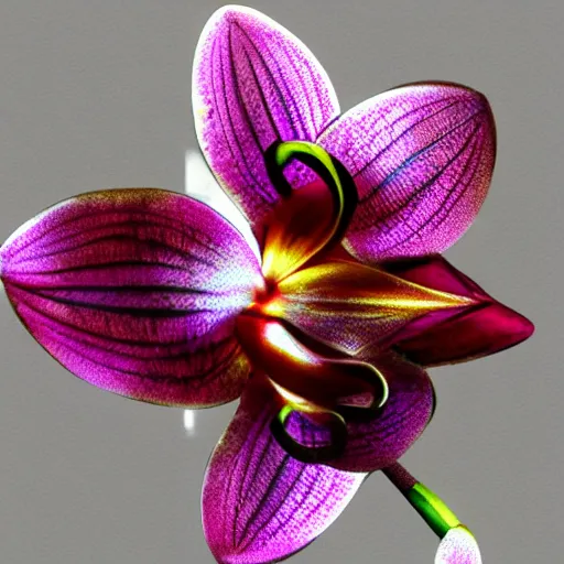 Prompt: metal orchid flower, futuristic, shiny, high detail, glitch art