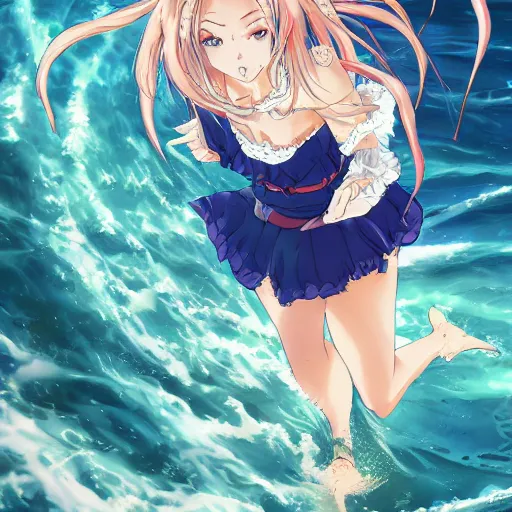 Image similar to image of Barbara genshin impact in a light dress against the sea, anime art, genshin impact, highly detailed, beautiful, art, 4k, soft light, studio light