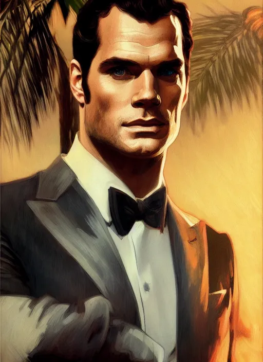 Image similar to portrait of henry cavill as james bond, casino, key art, sprinting, palm trees, highly detailed, digital painting, artstation, concept art, cinematic lighting, sharp focus, illustration, by gaston bussiere alphonse mucha