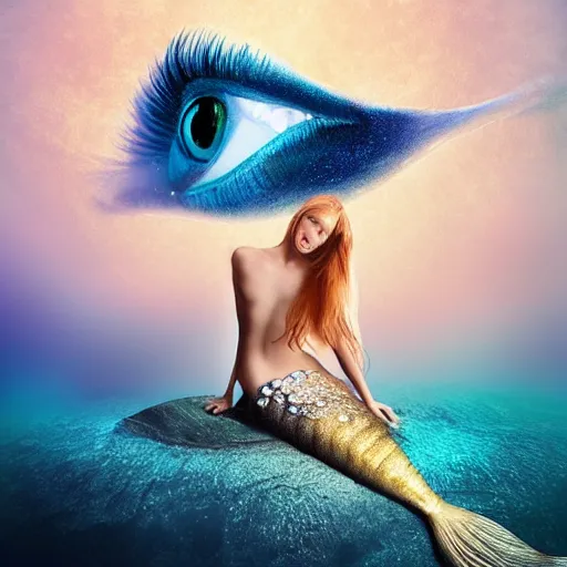 Image similar to an extremely realistic photoart of a fantastic realistic mermaid with an ultra perfect and ultra detailed wild face with beautiful, ultra detailed wild blue eyes a fantastic crown of diamons and a galaxy realistic tail, swimming in a beautiful blue ocean