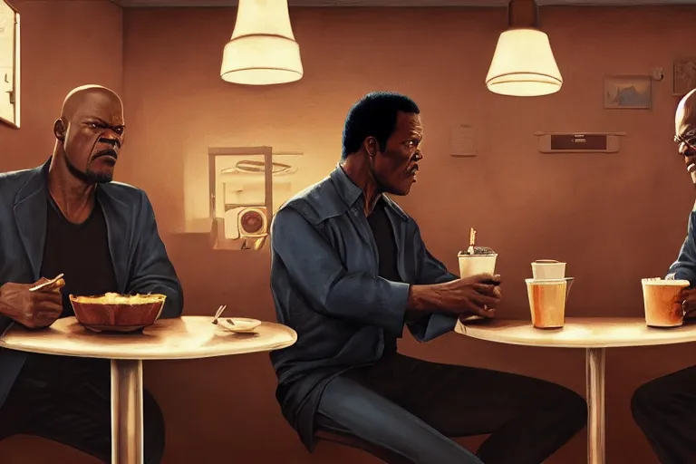 Prompt: painting pulp fiction movie highly detailed full - body samuel l jackson and john travolta posing in cafe, perfect symmetrical eyes, by eddie mendoza and tyler edlin, 8 k resolution, digital art, hyper realistic