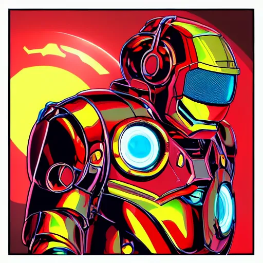 Image similar to artgerm, psychedelic laughing cybertronic ironman, rocking out, headphones dj rave, digital artwork, r. crumb, svg vector