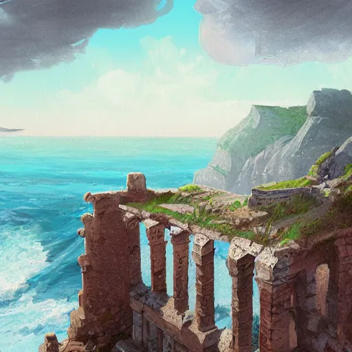 Prompt: digital 2 d, traditional paint, mixed media, concept art, illustration, environmental concept art & design, ruins, coast, ocean, sea, beach, remains, greek, pillars, vagrants, forest of liars, twilight, clouds, sky, coastline, sylvain sarrailh, concept art for forest of liars