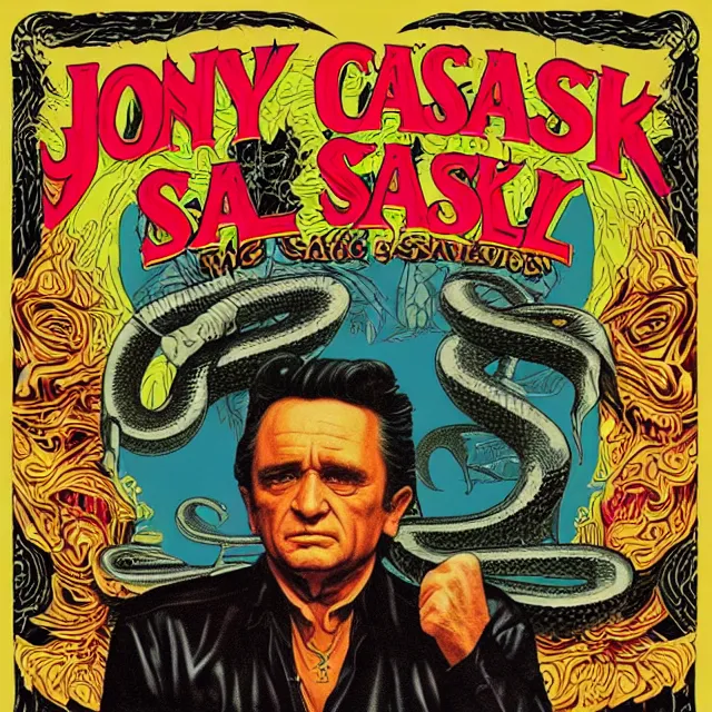 Image similar to album cover for Johnny Cash: The Snake Oil Tapes, album art by Ron Walotsky, snake oil album, snakes, quack medicine, no text, sometimes there's a dream