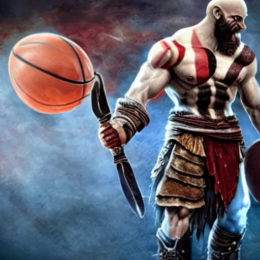 Prompt: photo of Kratos from god of war playing basketball