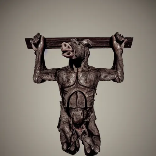 Image similar to a highly detailed realistic photographic render crucified humanoid pig, christ with the head of a pig, dead souls, religious sculpture, creepy, cinematic lighting, cinematic scene, Volumetric lighting, Atmospheric scene, Dark, Horror, Atmospheric lighting, Global illumination, realistic, photo realism, hyper realistic, hyper realism, photo realisitc, cinematic render, film, beautifully lit, ray traced, octane 3D render, octane render, unreal engine