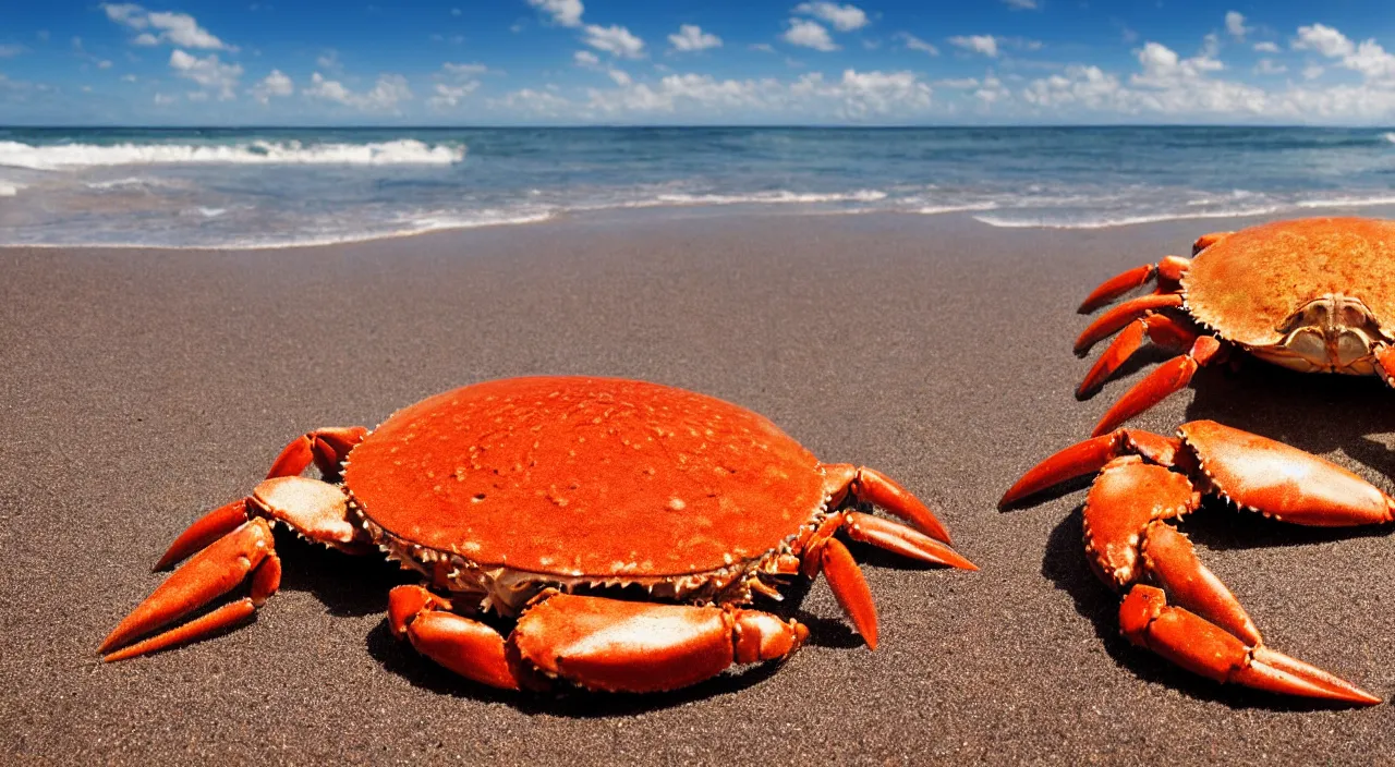 Prompt: a realistic image of a crab with a pancake on it's head, ultra high detail, the crab is on sand on a beach with ocean in the background, 8 k.