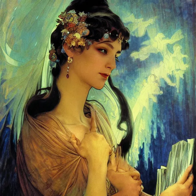 Image similar to an aesthetic! detailed close - up portrait of an aesthetic woman, covered by transparent veil, holding an leather bound book, by frank frazetta and alphonse mucha, oil on canvas, bright colors, art nouveau, epic composition, dungeons & dragons fantasy art, hd, god - rays, ray - tracing, crisp contour - lines, huhd - 8 k