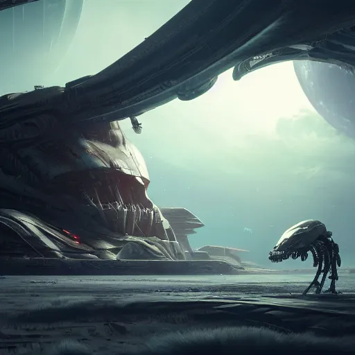 Image similar to a spaceship and the skeleton of a colossal creature on a planet, in the style of wlop and greg rutkowski, illustration, epic, sci - fi, hyper detailed, smooth, unreal engine 5, sharp focus, ray tracing