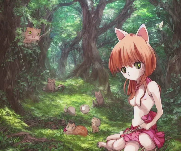 Image similar to kawaii cat in a forest, anime fantasy illustration by tomoyuki yamasaki, kyoto studio, madhouse, ufotable, comixwave films, trending on artstation