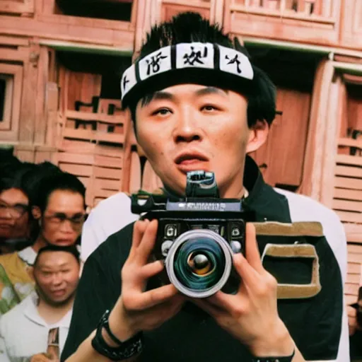 Prompt: I GOT THAT CHING CHANG CHONG THE ONE WITH CHOP STICK OH I GOT THAT CHIN CHANG CHONG (CHING CHANG CHONG), Chinese rapper holding a microphone infront of an fish eye lense camera, VHS, Camcorder, Realism,