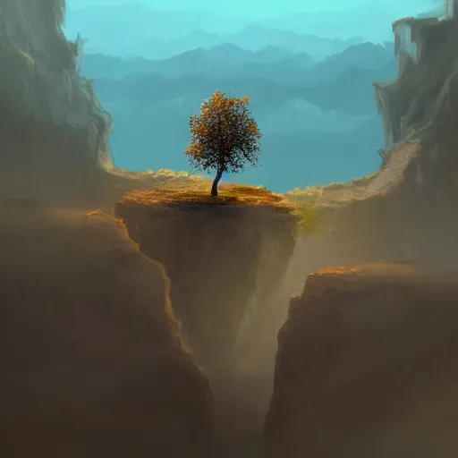 Image similar to a lone tree on the edge of a cliff overlooking a vast abyss, fantasy, concept art, illustration, artstation award