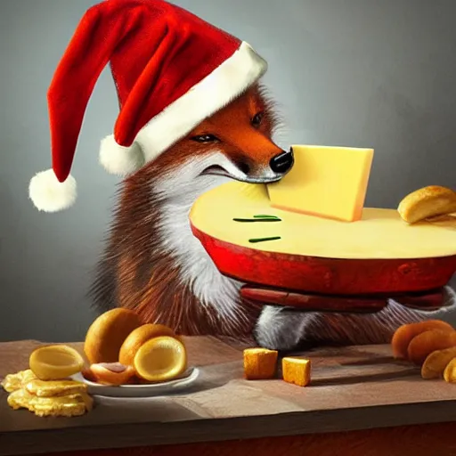 Image similar to A Detailed Award Winning Masterpiece, trending on artstation, 4k, of a fox wearing a santa hat, eating a cheese platter