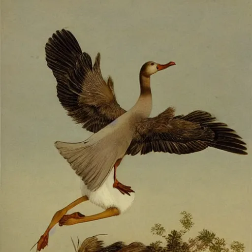 Prompt: goose harpy with beak as it flies in the air