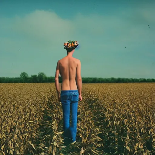 Prompt: agfa vista 4 0 0 photograph of a skinny blonde guy standing in a cornfield, flower crown, back view, grain, moody lighting, telephoto, 9 0 s vibe, blurry background, vaporwave colors!, faded!,