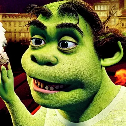 Prompt: Shrek smoking crack from a crack pipe, Gottfried Helnwein, award-winning photograph, beautiful, stunning, cinematic