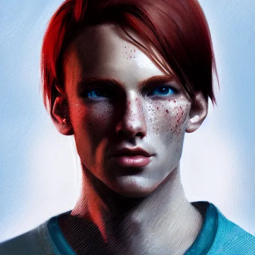 Image similar to portrait of a thin young man with long red hair, ponytail, a lot of freckles on his face, intricate, elegant, glowing lights, highly detailed, digital painting, artstation, concept art, smooth, sharp focus, illustration