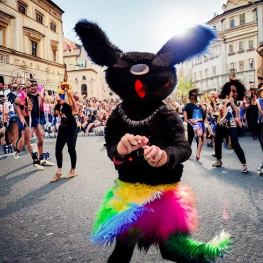 Image similar to a furry dancing to techno at a pride event in Prague, 4K photograph, National Geographic photo