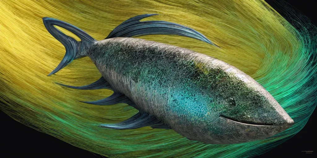 Image similar to mahi - mahi, stylized layered textures, long flowing fins, bioluminescent orbs, 3 d render, substance painter, glowing eye, smooth, sharp focus, art by h r giger