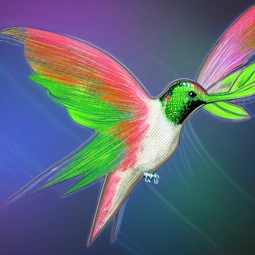 Prompt: computer graphics, iridescent hummingbird, trending on ArtStation by Yoshitaka Amano