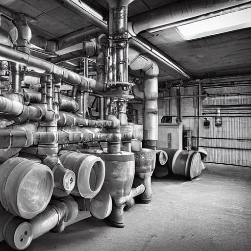 Image similar to an empty room with pipes and machinery, detailed color photograph, high quality