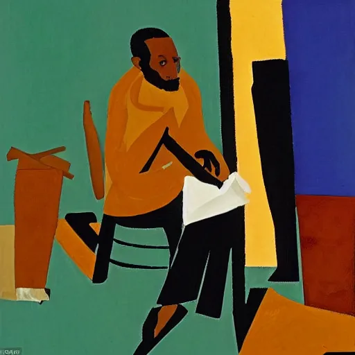 Image similar to homeless millionaire, in expensive clothes and with a cigar, by Jacob Lawrence, clean, detailed, award winning