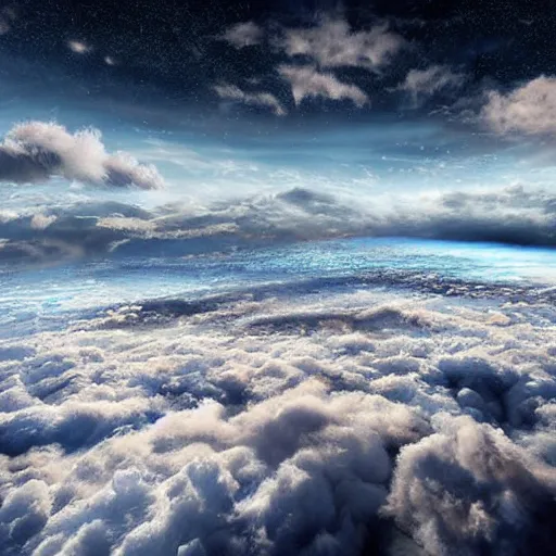 Image similar to world covered with enormous clouds, slightly visible ice covered world, matte painting, concept art, illustration highly detailed artwork cinematic hyper realistic