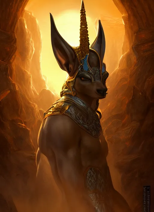 Prompt: anubis, ultra detailed fantasy, elden ring, realistic, dnd character portrait, full body, dnd, rpg, lotr game design fanart by concept art, behance hd, artstation, deviantart, global illumination radiating a glowing aura global illumination ray tracing hdr render in unreal engine 5