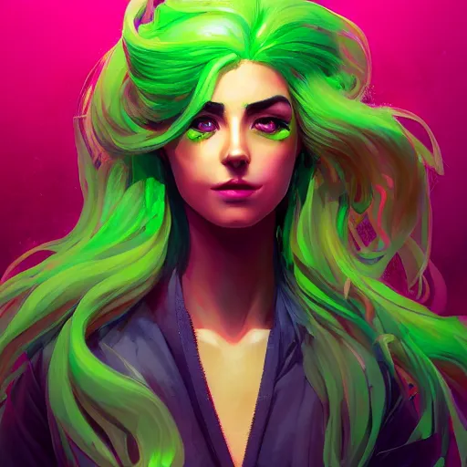 Prompt: beautiful woman with glowing green hair, portrait, maya ali mage, gloomhaven, dynamic lighting, gaudy colors, octane render aesthetic, matte painting concept art, official fanart behance hd artstation by jesper ejsing, by rhads and makoto shinkai and lois van baarle and ilya kuvshinov and rossdraws