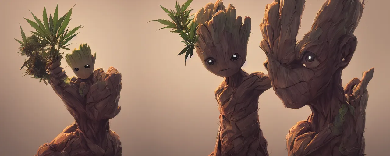 Image similar to duotone concept illustration 3 / 4 portrait of baby groot wearing cannabis hat, hemp, marijuana!, cinematic volumentric lighting, jim cheung, david marquez, mike deodato jr, ilya kuvshinov, makoto shinka, behance hd by jesper ejsing, by rhads, hyper detailed, octane render, concept art, artstation