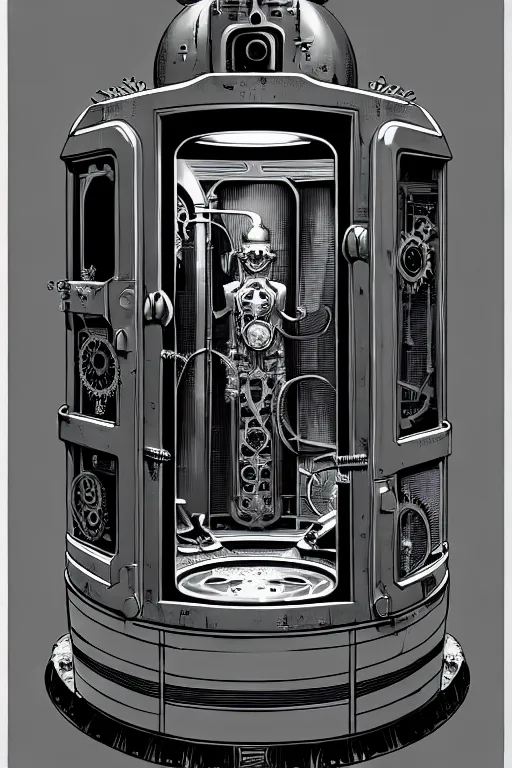 Image similar to steampunk cryo chamber containing an grey aien, high details, intricately detailed, by vincent di fate, inking, 3 color screen print, masterpiece, trending on artstation,, sharp, details, hyper - detailed, hd, 4 k, 8 k