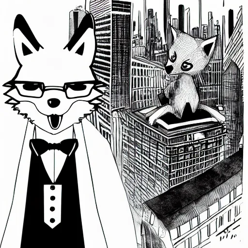 Prompt: anime ink line art of an anthropomorphic fox wearing a tuxedo as he stands on a city rooftop with a city in the background, black and white key manga visual