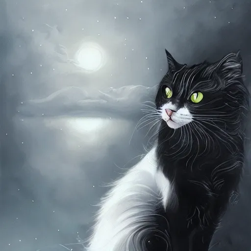 Prompt: a painting of a long haired black and white cat in a scenic environment by anna dittmann, hyperdetailed, beautiful, trending on artstation