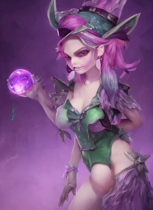 Image similar to lulu short fairy witch with green eyes, from league of legends, purple skin, au naturel, hyper detailed, digital art, trending in artstation, cinematic lighting, studio quality, smooth render, fluorescent skin, unreal engine 5 rendered, octane rendered, art style by klimt and nixeu and ian sprigger and wlop and krenz cushart