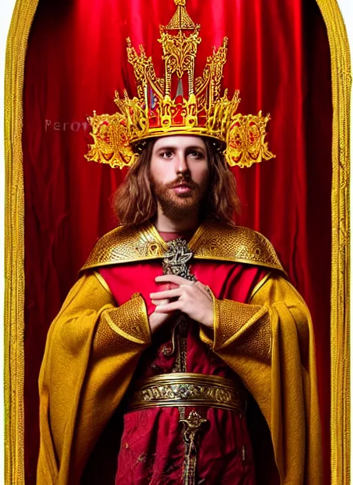 Prompt: 'Portrait of Crowned King Arthur' royally decorated, whirling plasma, atmospheric motes, red and gold Sumptuous garb, gilt silk fabric, radiant colors, fantasy, perfect lighting, studio lit, micro details,