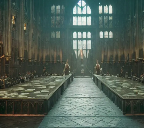 Prompt: Daenerys the Stormborn inside Hogwarts main hall, film still, best shot, 8K