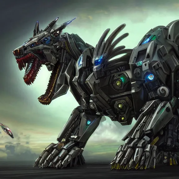 Prompt: hyper realistic, epic, highly detailed cinematic full body shot of a gigantic feral mecha canine, sharp metal claws, cannon mounted on back, sleek armor, glowing visor, destroying city, digital art, furry art, macro art, dragon art, zoids art, furaffinity, deviantart, sofurry