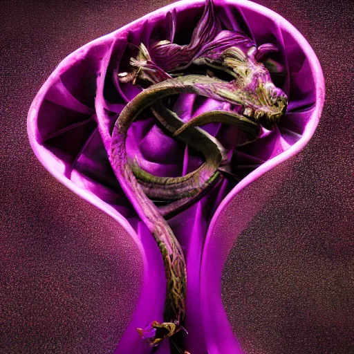 Image similar to Deep imprint flower core, our ouroborous devours it's tail by Rick Baker, black, neon purple, Hyperreal, Photographed in the Style of Annie Leibovitz, Studio Lighting